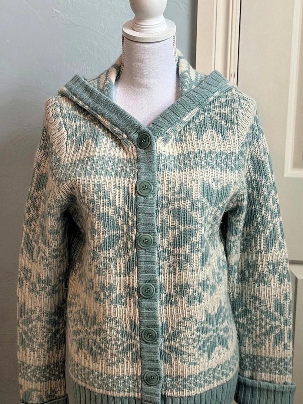 sundance Floral Hooded Cardigan in Blue & White Large Like New